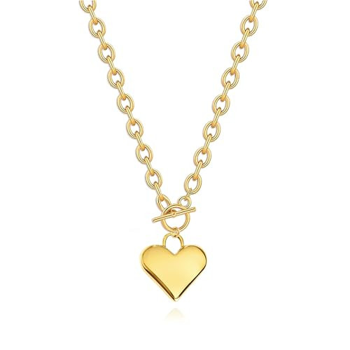 Zeffy Chunky Heart Necklace for Women Statement Heart Pendant Necklace 14K Gold Chunky Thick Chain Link Vintage Toggle Clasp Jewelry Gifts | Amazon (US)