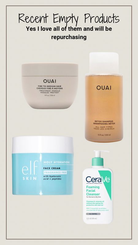 My recent empties. Ouai is always a favorite and their detox shampoo and mask is great! Their mask comes in fine-medium and medium-course hair to avoid weighing light hair down and not enough hydration for courser hair. 

For skin care, Cerave is a great price and basic for everyone and the elf hydration cream is creamy without clogging pores  

#LTKfindsunder50 #LTKbeauty
