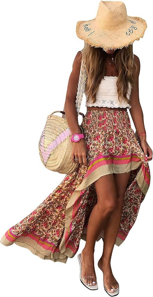 Women Boho Long Skirt Vintage Floral High-Waist Irregular A-Line Summer Beach Maxi Skirt | Amazon (US)