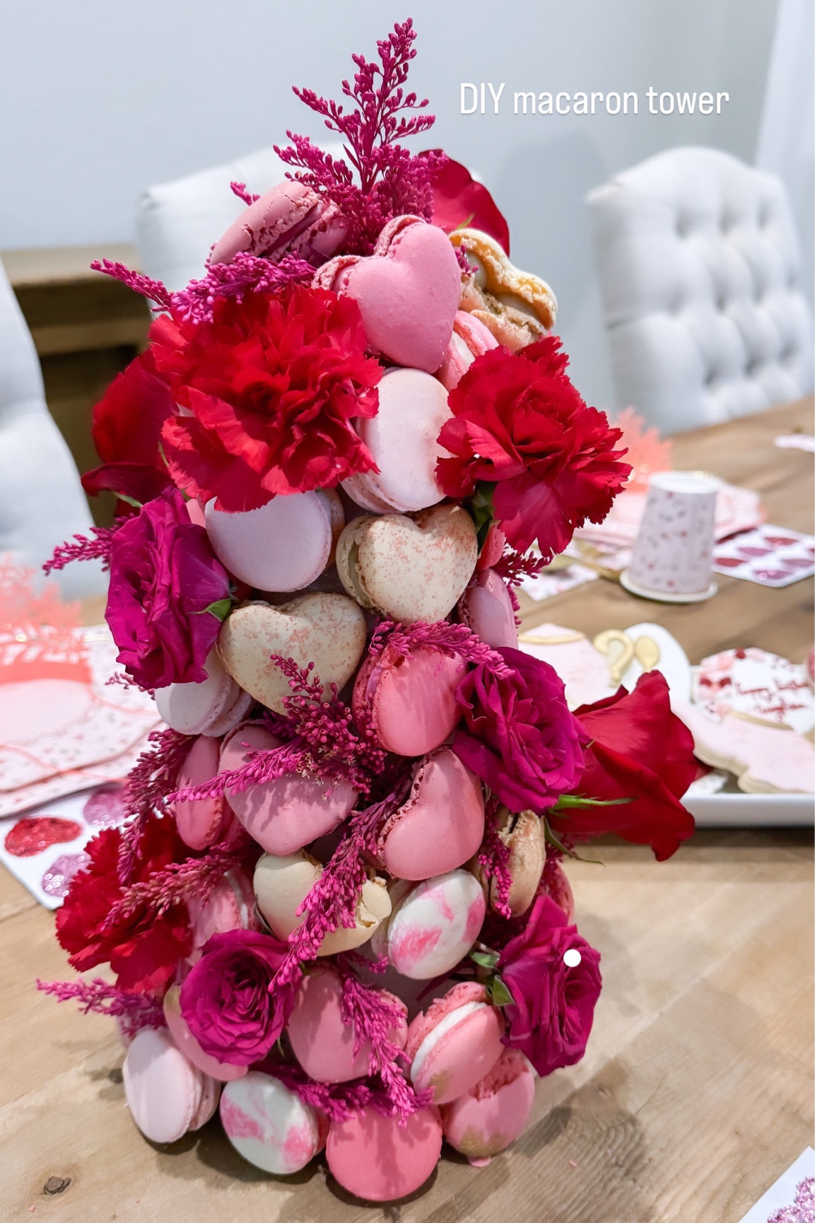 I used fresh flowers from a bouquet I had. The bigger flowers you can also stick on with a tooth pick. 
Heart macarons I purchased at Costco around Valentine’s Day- but I linked some Etsy ones.
I used a total of 48 macarons! 

#LTKkids #LTKhome #LTKparties