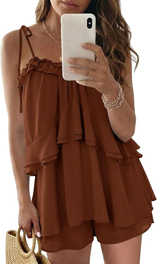 Wenrine Womens Summer Romper Dress Chiffon Spaghetti Strap Sleeveless Ruffle Tiered Short Jumpsui... | Amazon (US)
