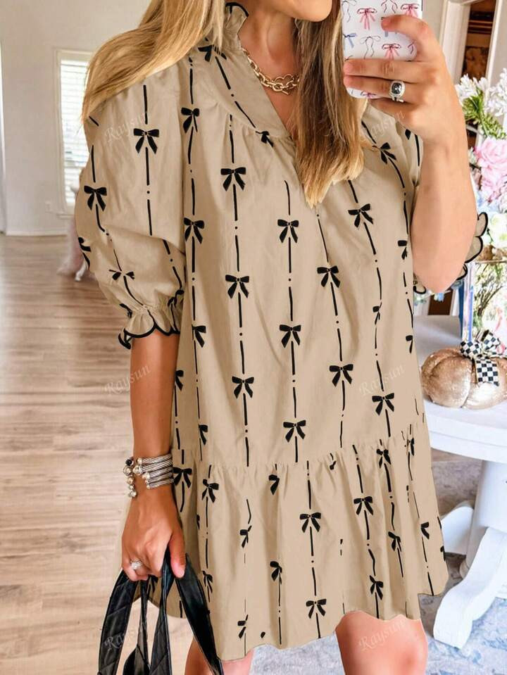 Women's Lantern Sleeve V-Neck Bowknot Mini Dress, Minimalist Printed Ruffled Puff Cute Bow Print Falbala Skirt, Casual Loose Fit Pleated Bubble Flowy Mock Short Vacation Dress, Spring Summer Fall | SHEIN