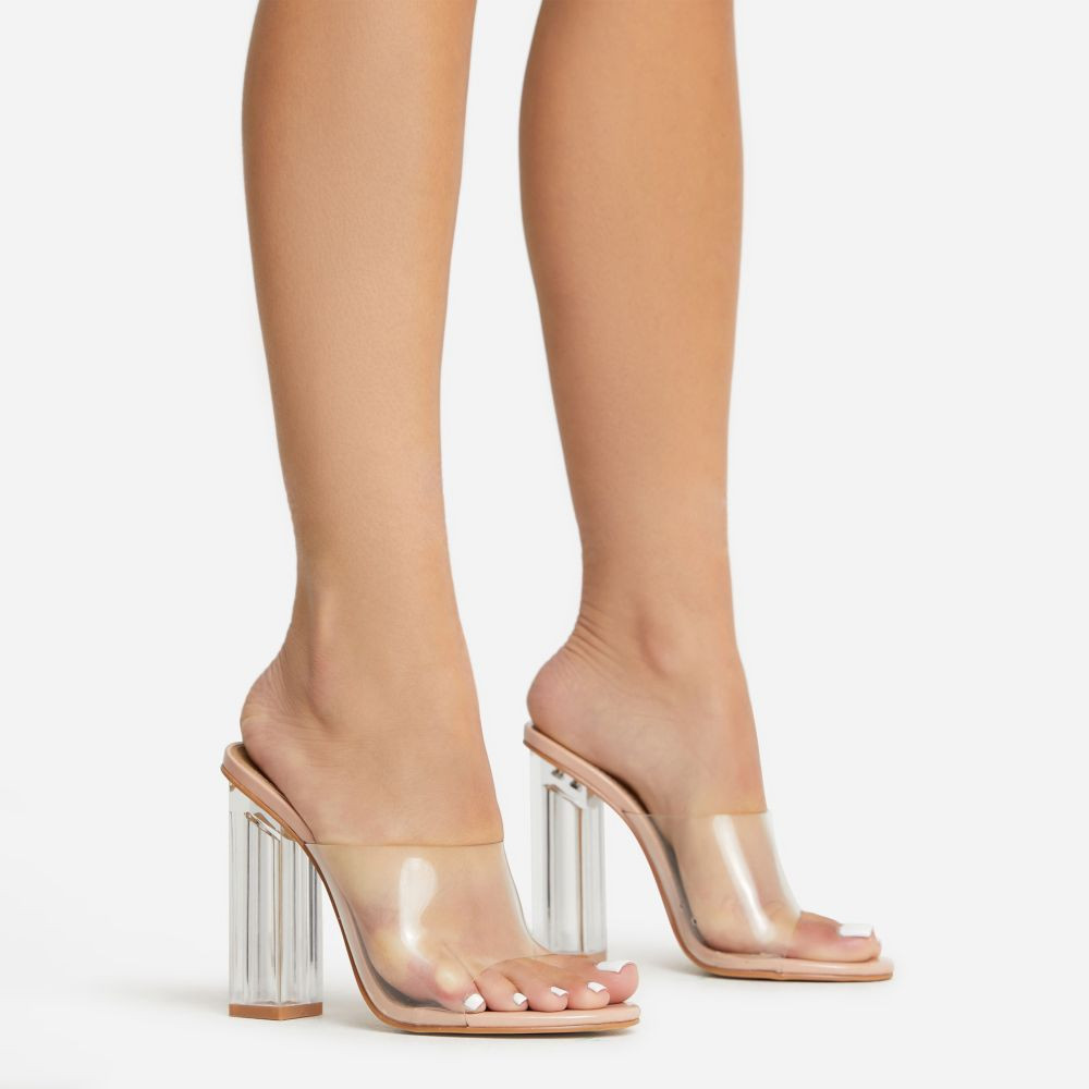 Fusion Peep Toe Perspex Block Clear Heel Mule In Nude Patent | EGO Shoes (US & Canada)