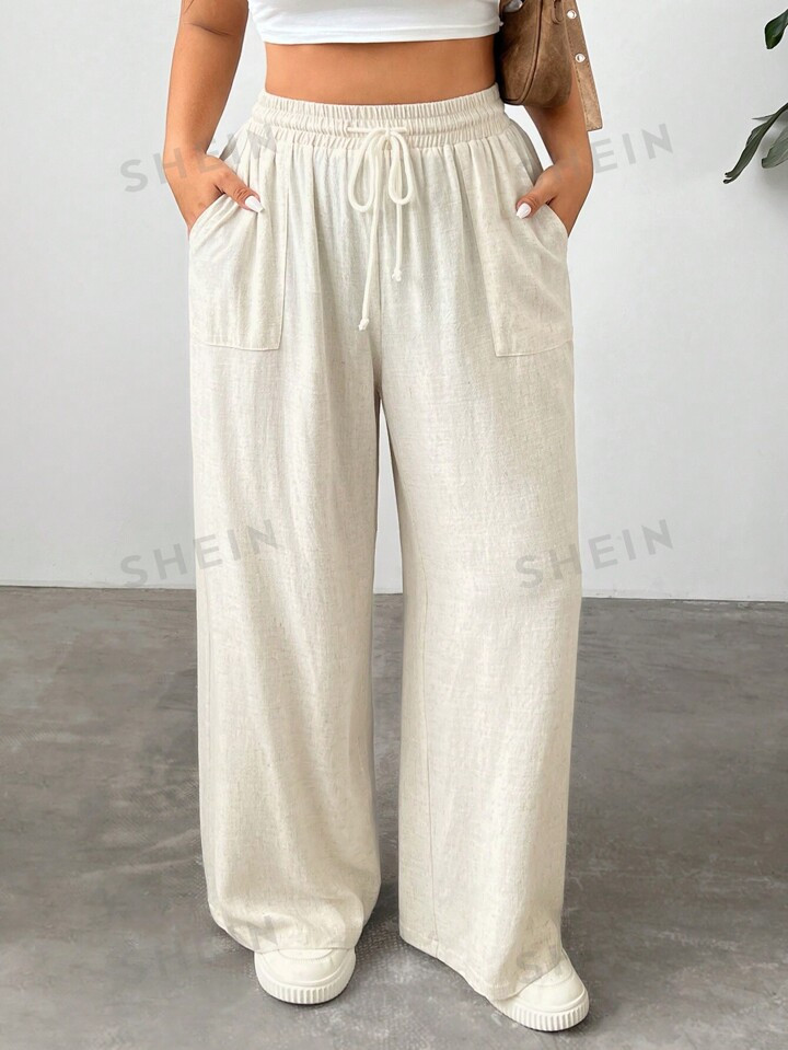 SHEIN EZwear Plus Size Women's Solid Color Drawstring Waist Loose Fit Wide Leg Casual Pants With ... | SHEIN