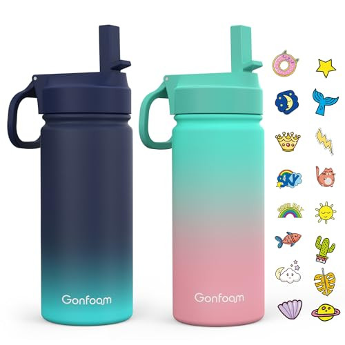 Kids Water Bottle, 2-Pack 16oz Water Bottles with Stickers and Straw, Stainless Steel Vacuum Insulated cup, Kids Water Bottle for School, Gifts for Boys and Girls(Blue/Green) | Amazon (US)