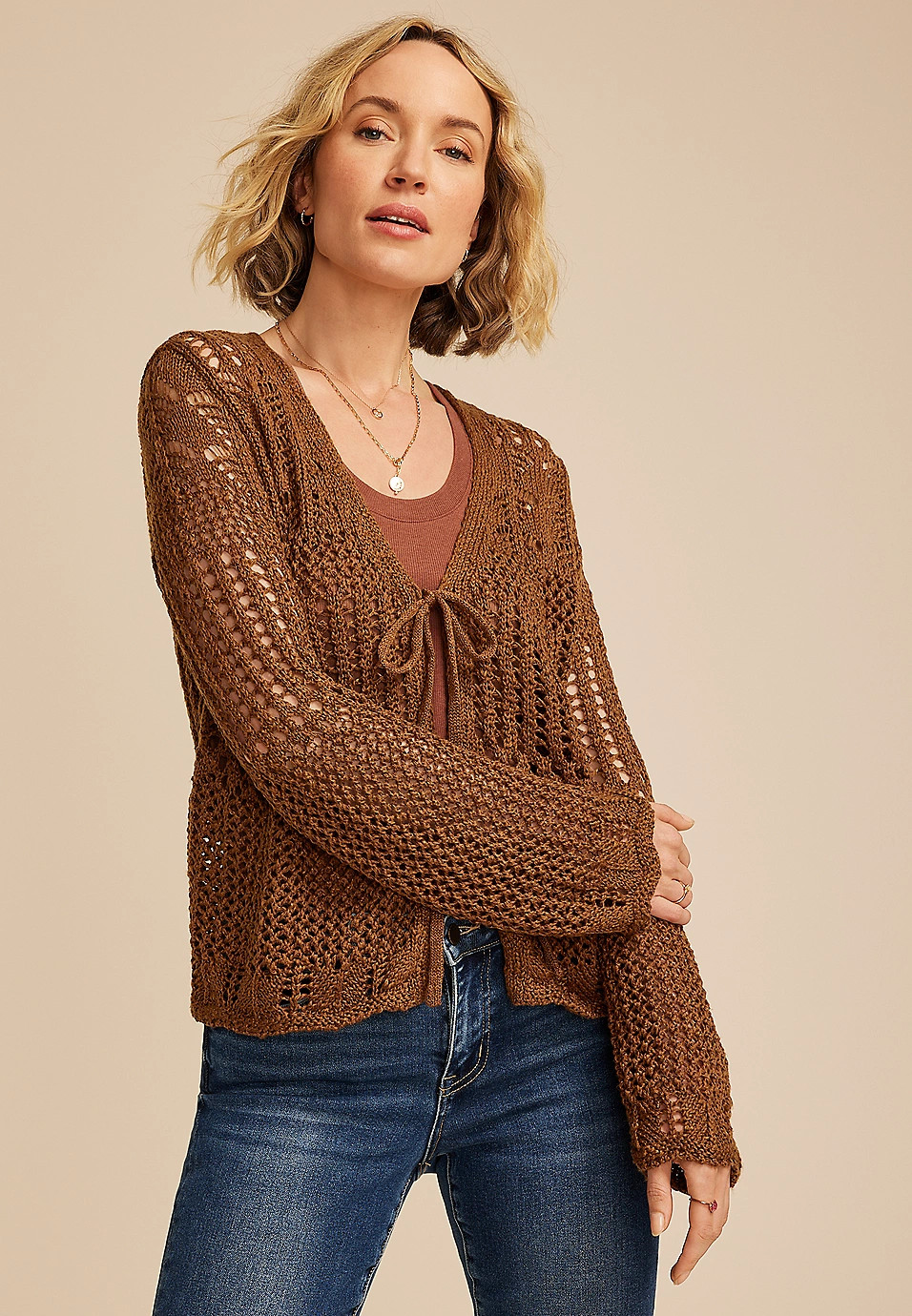 Open Stitch Front Tie Cardigan | Maurices