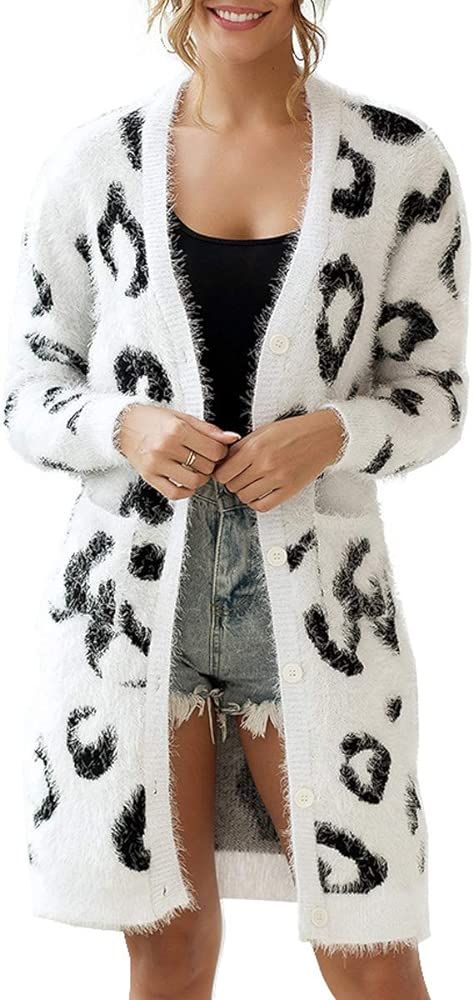Women Long Leopard Cardigan Sweaters - Plush Knit Thick Oversize Chunky Chenille Cocoon Open Batw... | Amazon (US)
