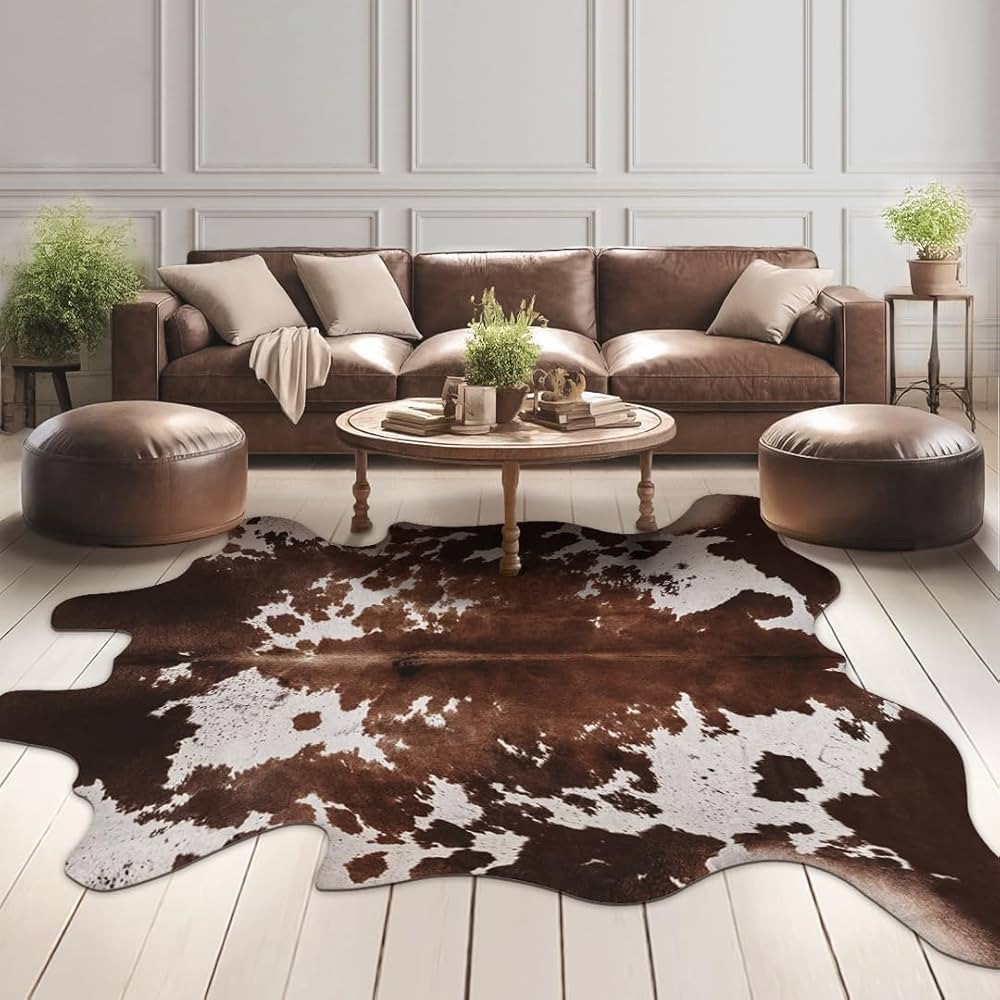 Faux Cowhide Cow Print Rug: 4.6 x 5.2 Feet Cow Hide Animal Print Area Carpet Large Western Decor ... | Amazon (US)
