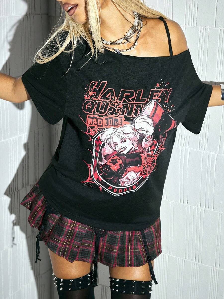 Harley Quinn X SHEIN Women's Letter & Character Print Off-Shoulder Casual T-Shirt Quinn | SHEIN