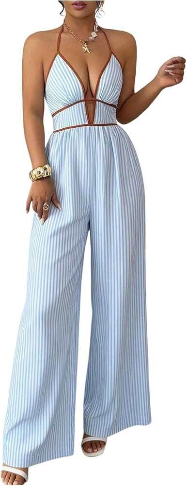 Floerns Women's Striped Jumpsuits Halter Neck Wide Leg Pants Rompers | Amazon (US)