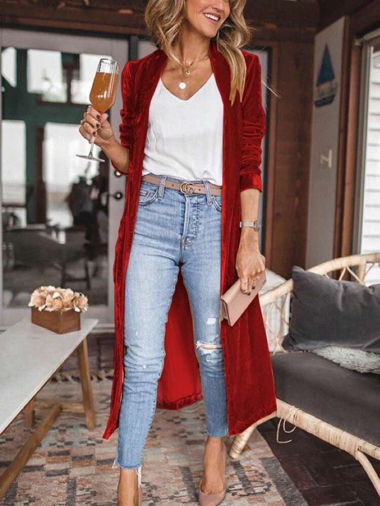 Casual Velvet Solid Color Open Front Long Cardigan, Autumn | SHEIN