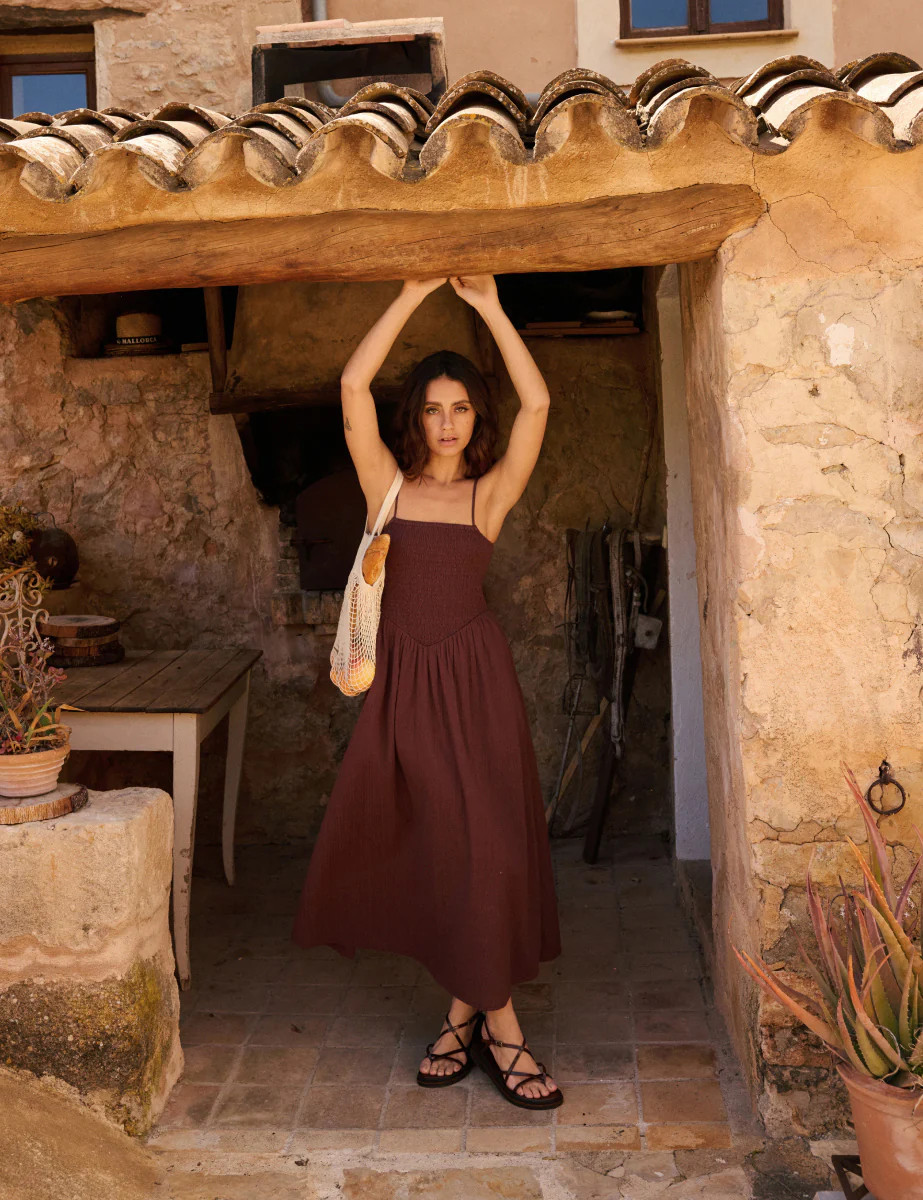 Brown Ruched Drop Waist Imogen Midi Dress | Nobody's Child