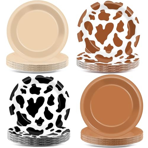 CHUNNIN 48Pcs Western Cowboy Party Paper Plates 7” Cow Print Party Supplies Brown Western Cowgirl Disposable Dessert Plate for Western Theme Farm Animal Birthday Baby Shower Farmhouse Party Decoration | Amazon (US)