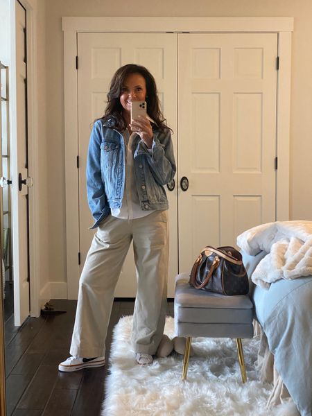 A denim jacket and trousers are always a good idea. 
kimbentley, fall outfit, trousers, denim jacket, Nike sneakers, white button down shirt

#LTKunder100 #LTKstyletip #LTKSeasonal