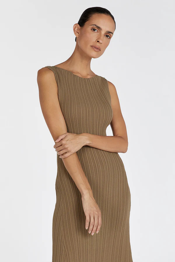 IVY KHAKI SLEEVELESS MIDI DRESS | DISSH