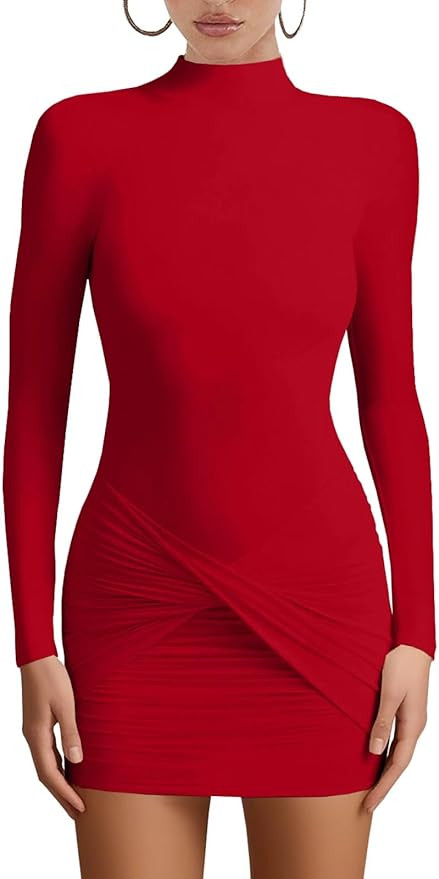 Misng Women's Sexy Long Sleeve Turtleneck Bodycon Mini Dresses Ruched Party Short Dress | Amazon (US)