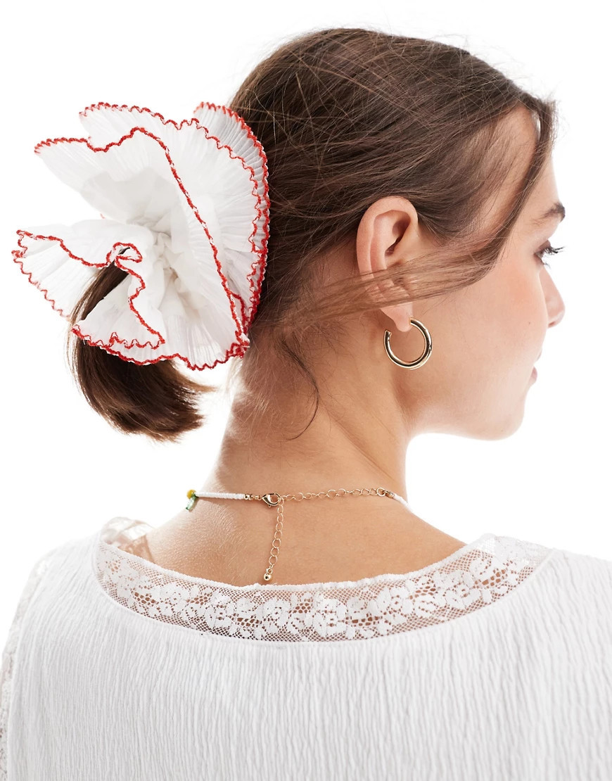 ASOS DESIGN scrunchie with plisse detail in white with red edges-Multi | ASOS (Global)