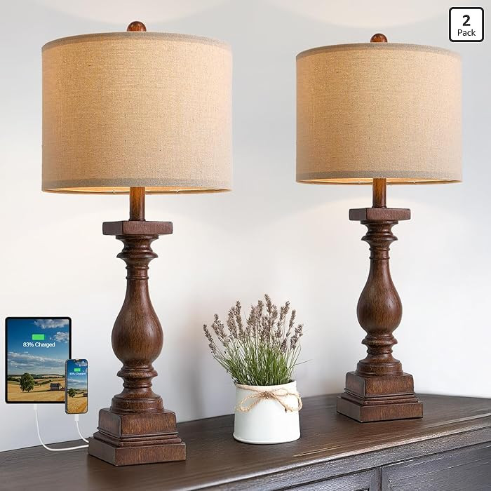 BOBOMOMO 27" Farmhouse Living Room Lamps with USB-A +C Ports, Vintage Rustic Bedside Night Stand ... | Amazon (US)