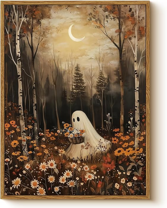 Vintage Cute Ghost Holding Flowers 12x16 Halloween Wall Art, Autumn Birch Forest Crescent Moon Fr... | Amazon (US)