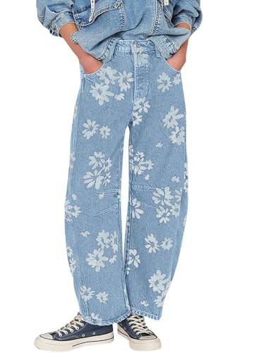 loveimgs Women Y2k Distressed Barrel Jeans Baggy Wide Leg Jeans Floral Printed Boyfriend Patchwor... | Amazon (US)