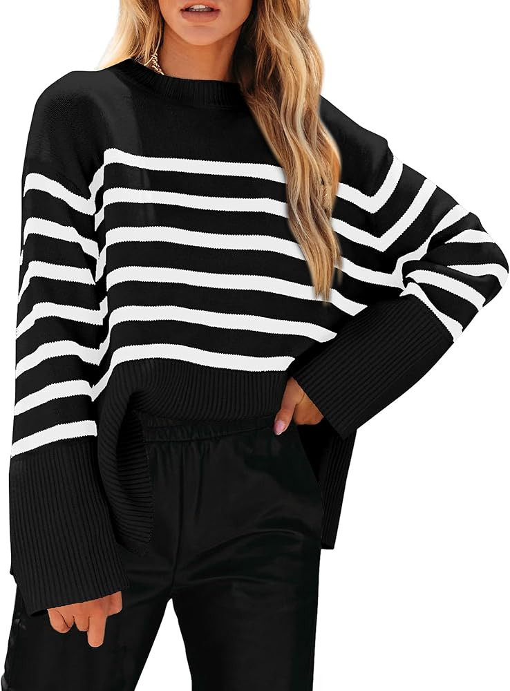 PRETTYGARDEN Women's 2024 Fall Striped Sweater Oversized Long Sleeve Crew Neck Side Slit Casual T... | Amazon (US)