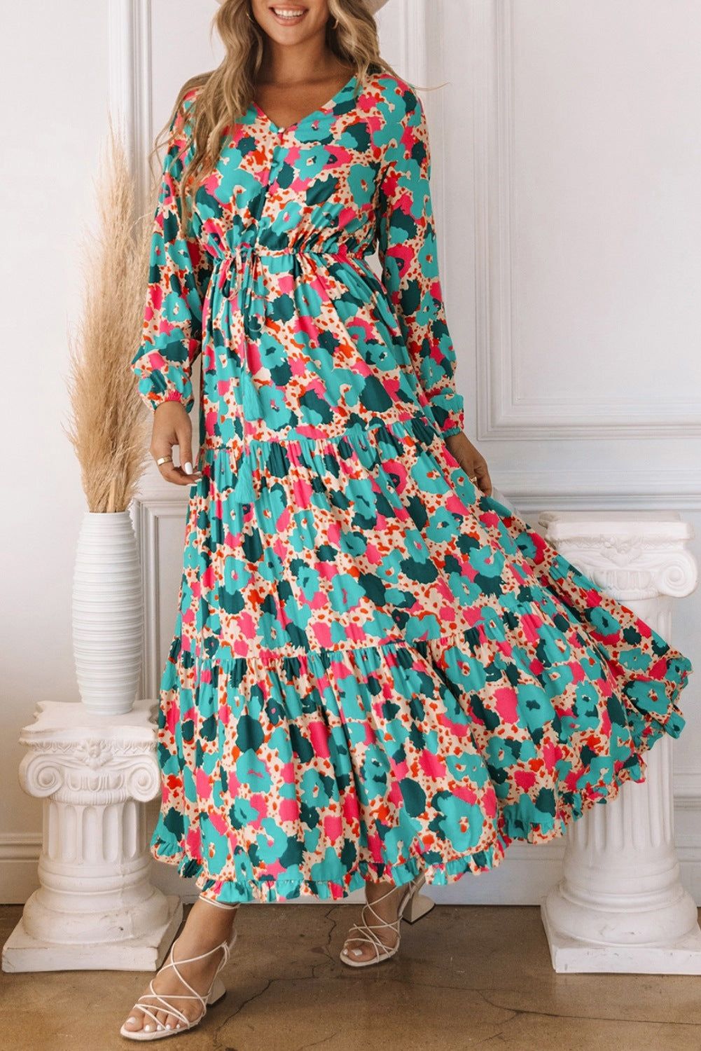Color Block V Neck Tiered Maxi Floral Dress | Evaless