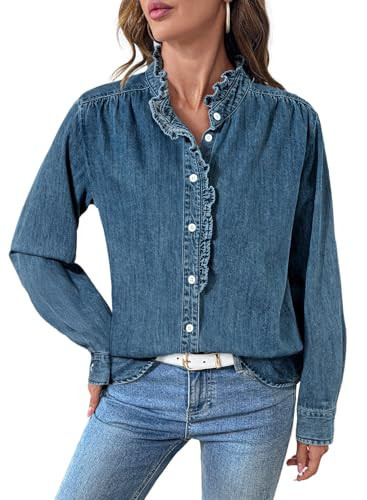 Sidefeel Jean Shirts for Women Denim Lightweight Washed Chambray Coat V Neck Button Long Sleeve Denim Tops Retro Blue Medium | Amazon (US)