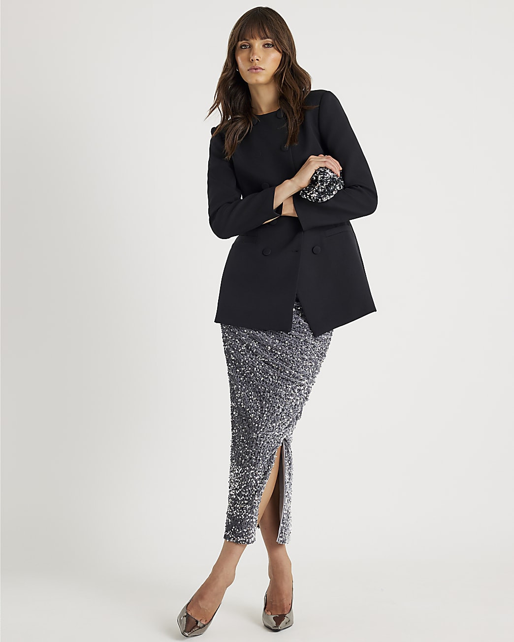 Silver Ruched Side Velvet Sequin Midi Skirt | River Island UK & IE