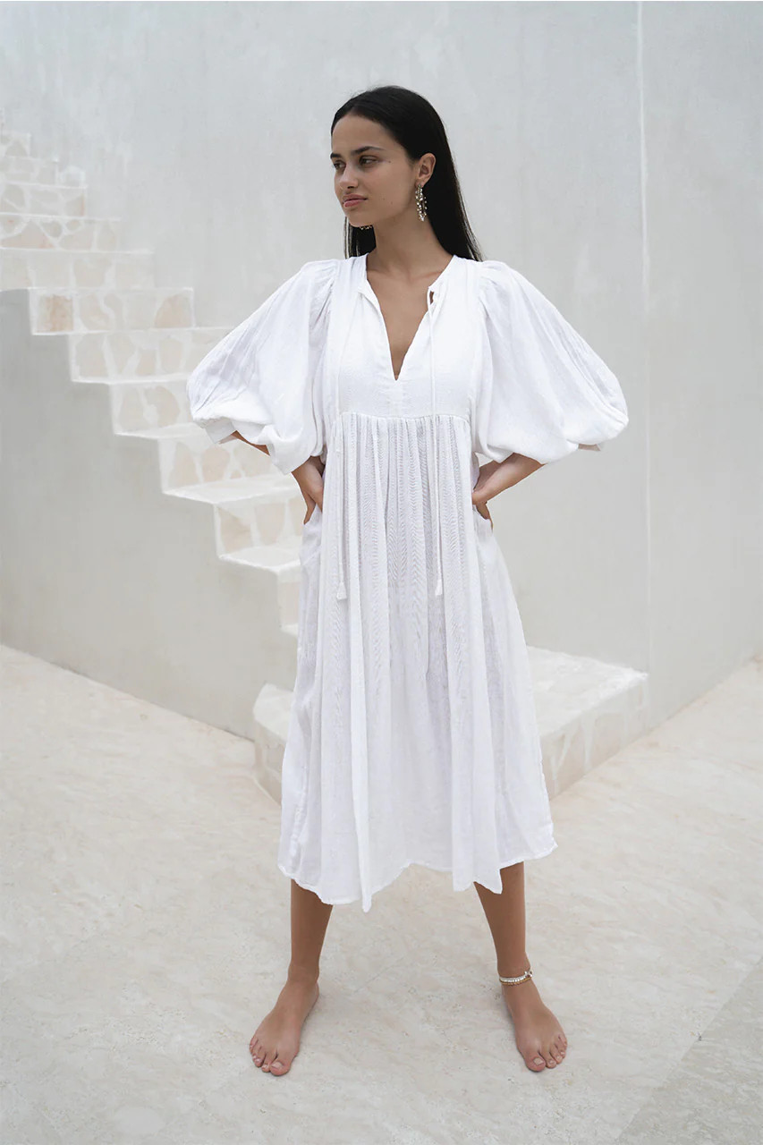 Kyra Midi Dress ~ White Gauze | Daughters of India
