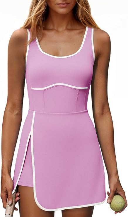 Fisoew Women's Workout Tennis Golf Athletic Dress | Built-in Bra & Shorts, Pockets, Sleeveless, C... | Amazon (US)