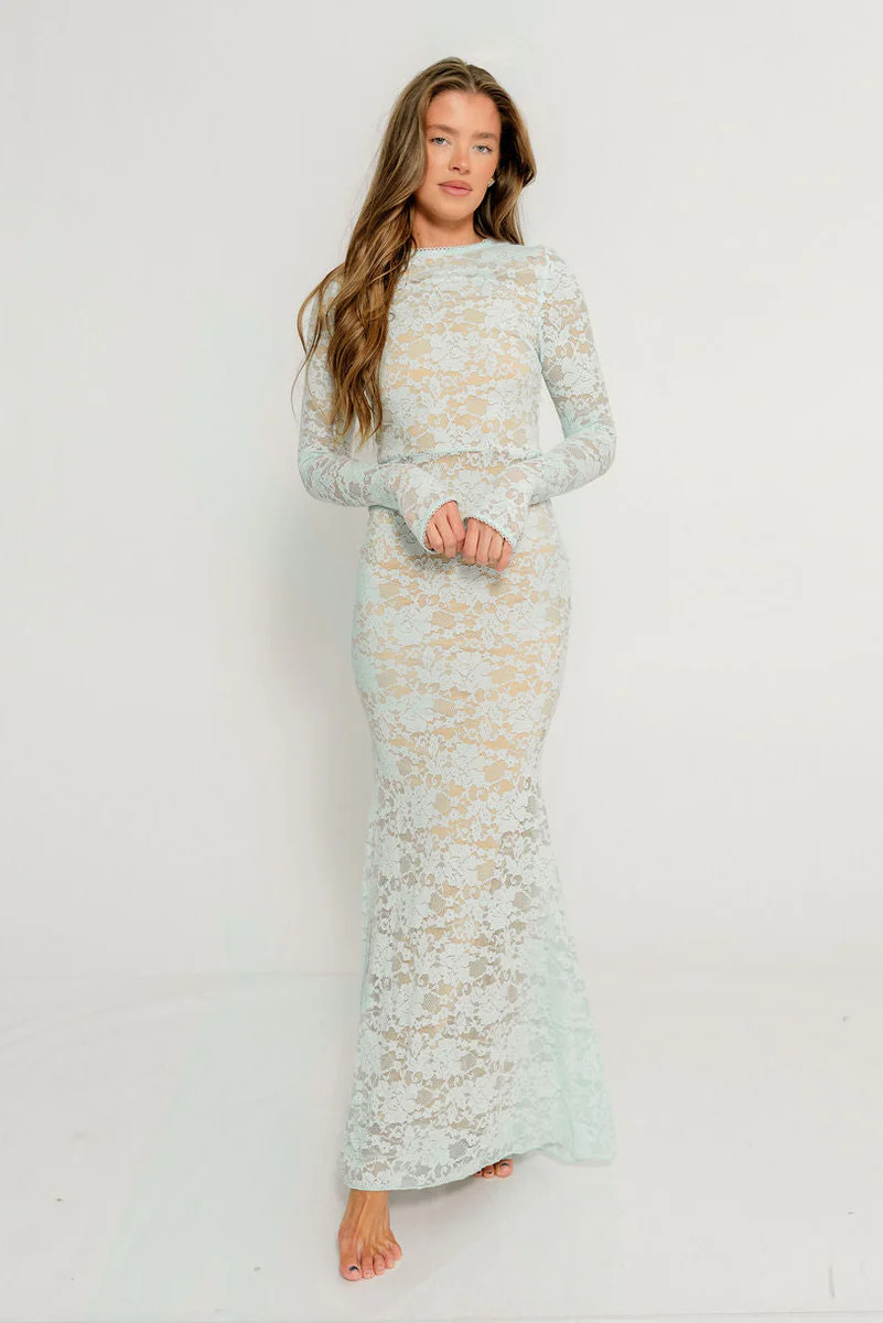 Seraphine Lace Maxi Dress in Pale Blue - Bump Friendly (Size Up for Bu | Worth Collective