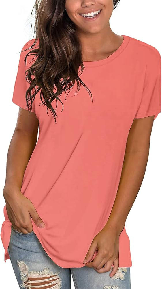 WNEEDU Womens T Shirts Short Sleeve Crewneck Loose Summer Tees Basic Tops | Amazon (US)