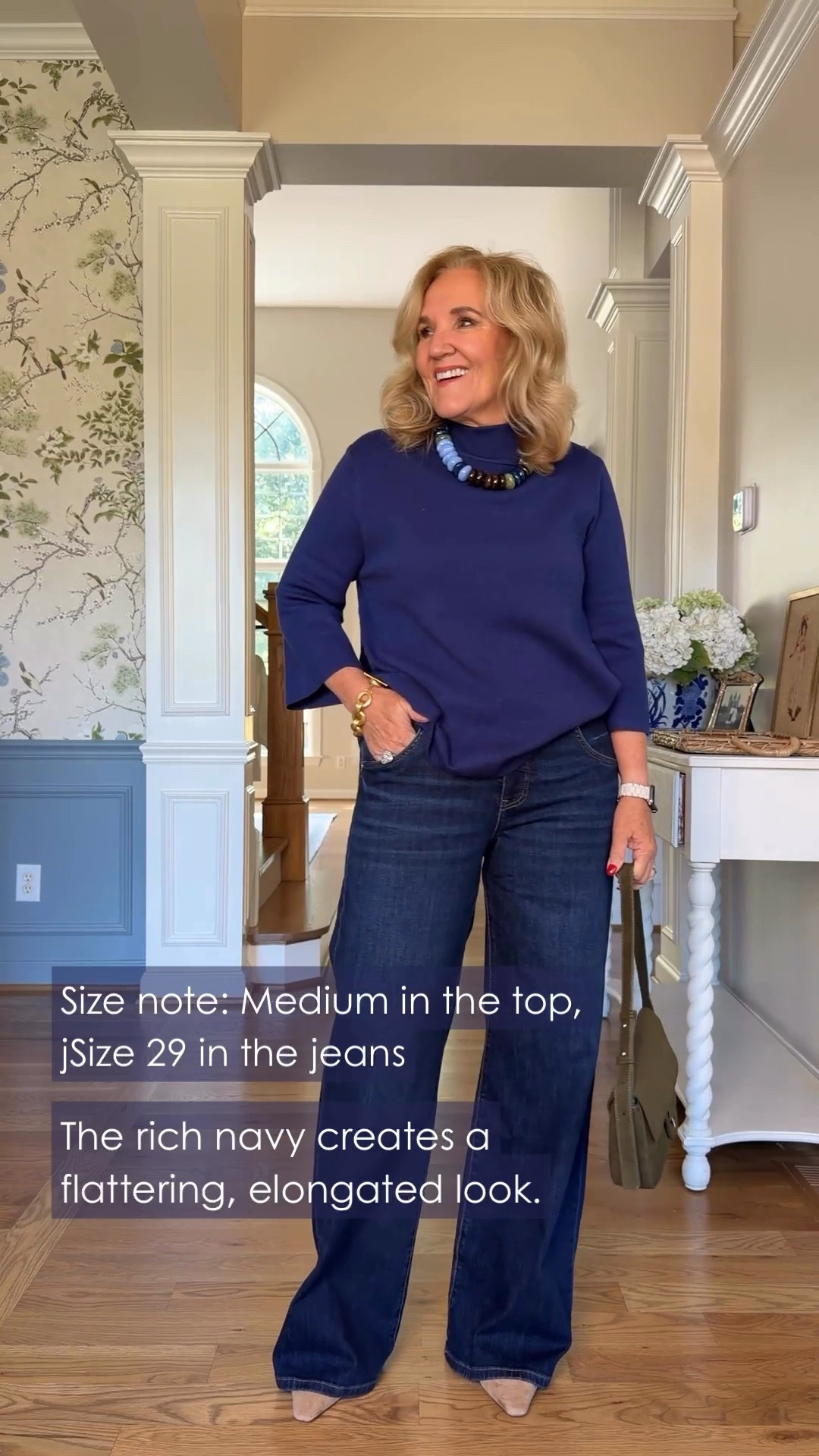 Well, navy on navy is looking pretty good to me! The relaxed sweater and wide-leg jeans make such a nice combination, and I’m wearing a medium in the top and a size 29 in the jeans.