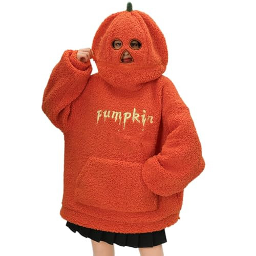 Womens Halloween Costume Cute Plush Pumpkin Head Hooded Sweatshirt Kawaii Cosplay Pumpkin Season Fuzzy Orange Hoodies with Pocket Plus Size Warm Thermal 2024 Winter Fall Fashion Pullover | Amazon (US)
