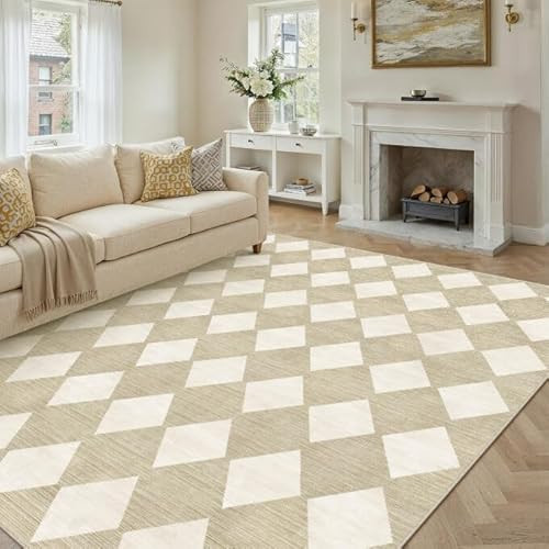 PureCozy 6x9 Checkered Area Rugs for Living Room Beige Machine Washable Large Rug Non-Slip Stain Resistant Low Pile Boho Accent Indoor Throw Carpet for Bedroom Dining Room Classroom | Amazon (US)