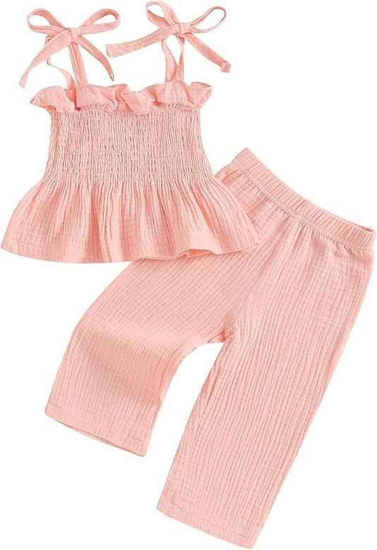 VISGOGO Infant Baby Toddler Girls Clothes Solid Color Sleeveless Camisole Linen Pants Set Baby Su... | Amazon (US)