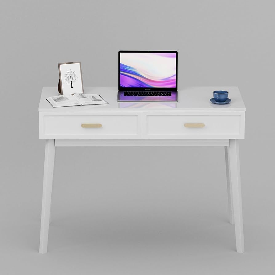 Home Office Desk with 2 Drawers, Computer Writing Desk with Polished Gold Handle, White | Amazon (US)
