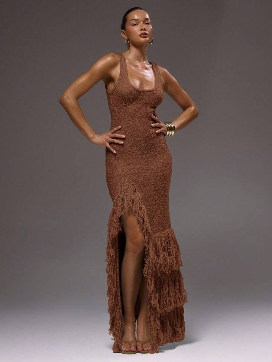 MUSERA Scoop Neck Fringe Split Detail Maxi Dress Sexy Summer Ibiza Holiday Cute Vacation Christma... | SHEIN