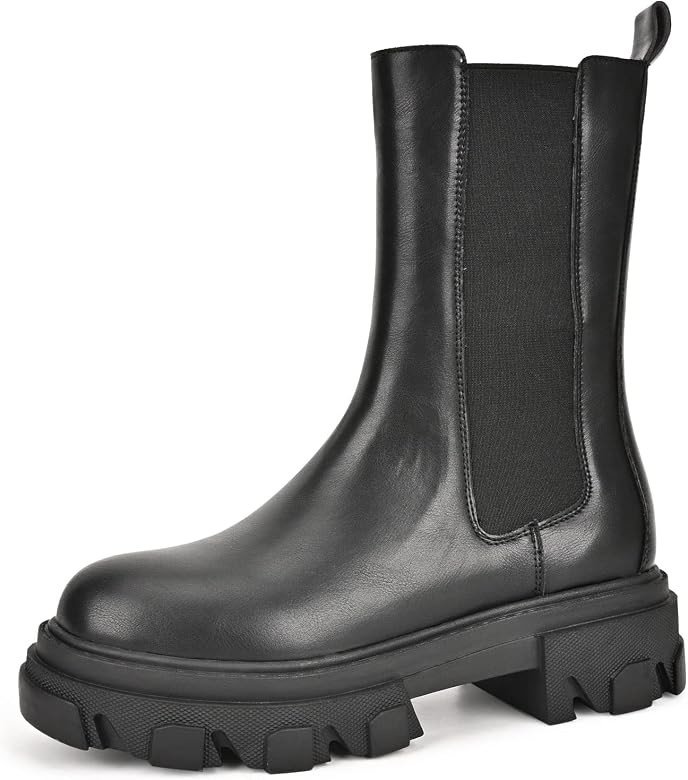 READYSALTED Women's Black Chunky Mid Calf Lug Sole Lace Up Side Zipper Platform Biker Boots (DENA... | Amazon (US)