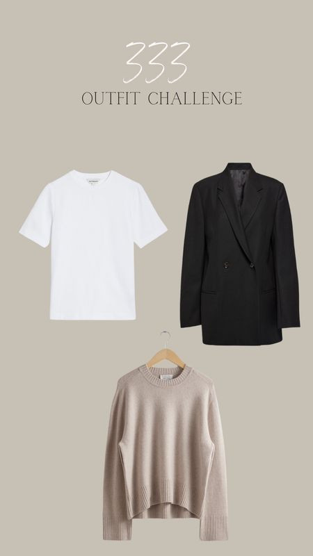 333 outfit challenge 
Top options
M&S cotton rich white t-shirt
Totême black blazer
& other stories cashmere jumper 

#LTKSeasonal