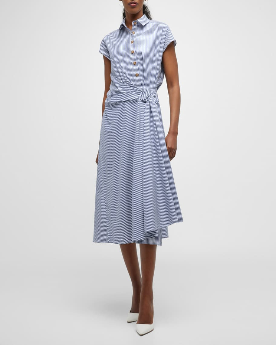 Carolina Herrera Button-Front Striped Midi Dress with Side Knot Detail | Neiman Marcus