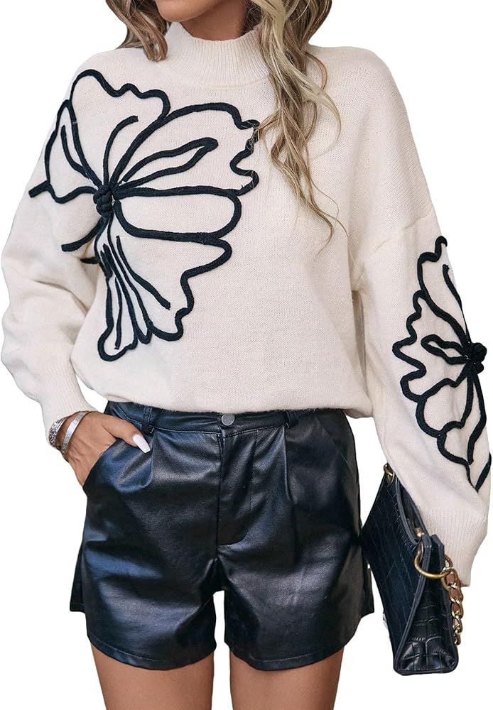 Verdusa Women's Floral Printed Mock Neck Long Sleeve Sweater Tops Jumper | Amazon (US)