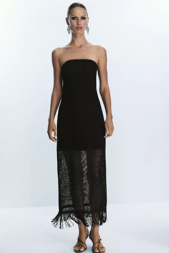 FRINGED STRAPLESS MIDI DRESS | Zara US