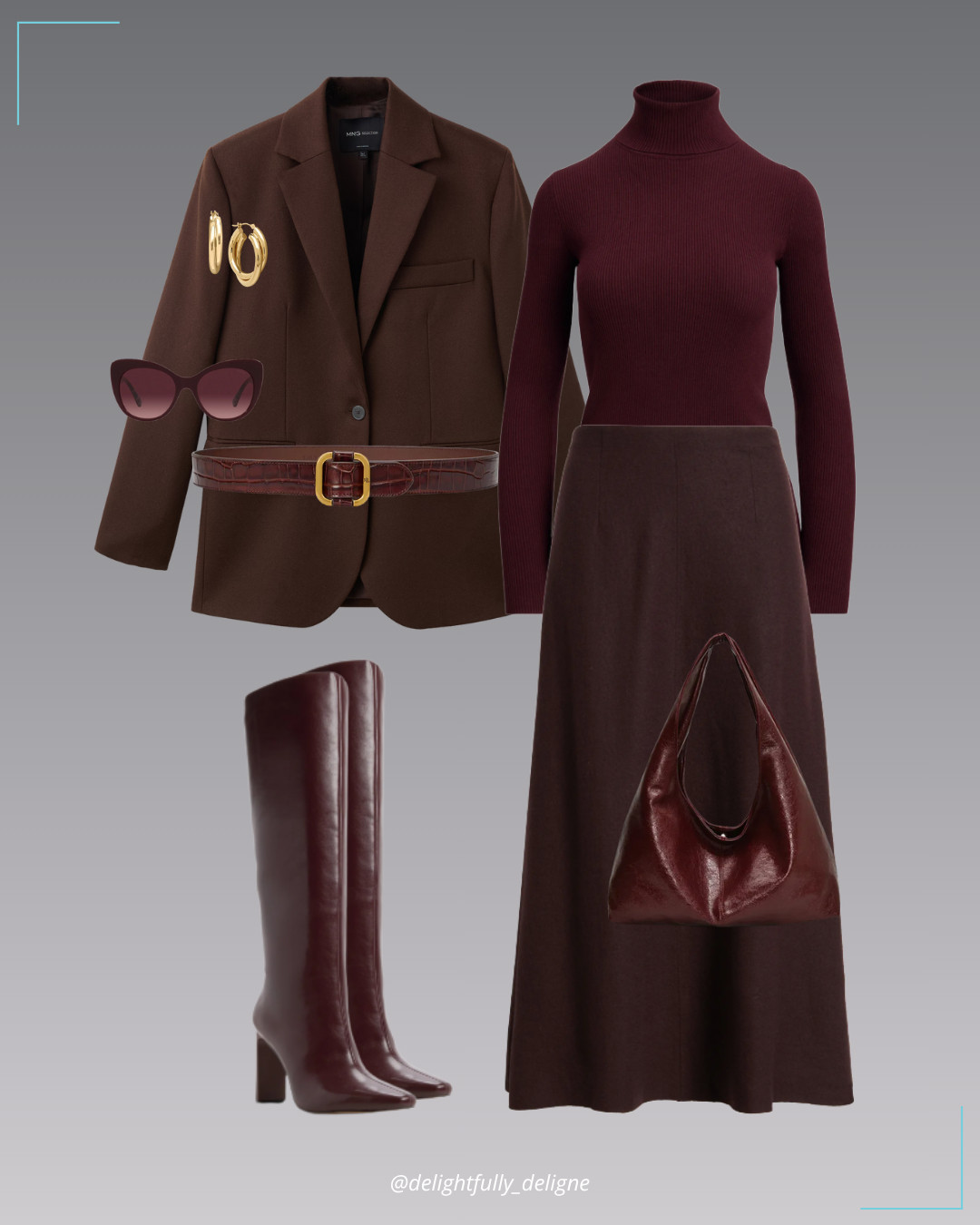 Ralph Lauren Elegance ❤️ Wool suit blazer, ribbed turtleneck sweater, felted wool A-line skirt, croc-embossed slide-buckle belt, slouchy leather shoulder bag, knee-high boots, double hoop gold earrings & cat-eye sunnies, tailored, and effortlessly refined.   

 #LTKOver40 #LTKStyleTip #LTKWorkwear