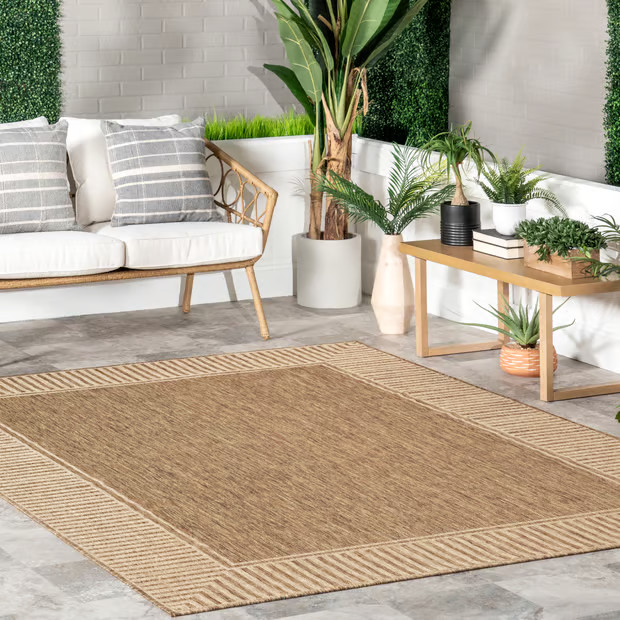 Light Brown Striped Border Indoor/Outdoor Flatweave Area Rug | Rugs USA