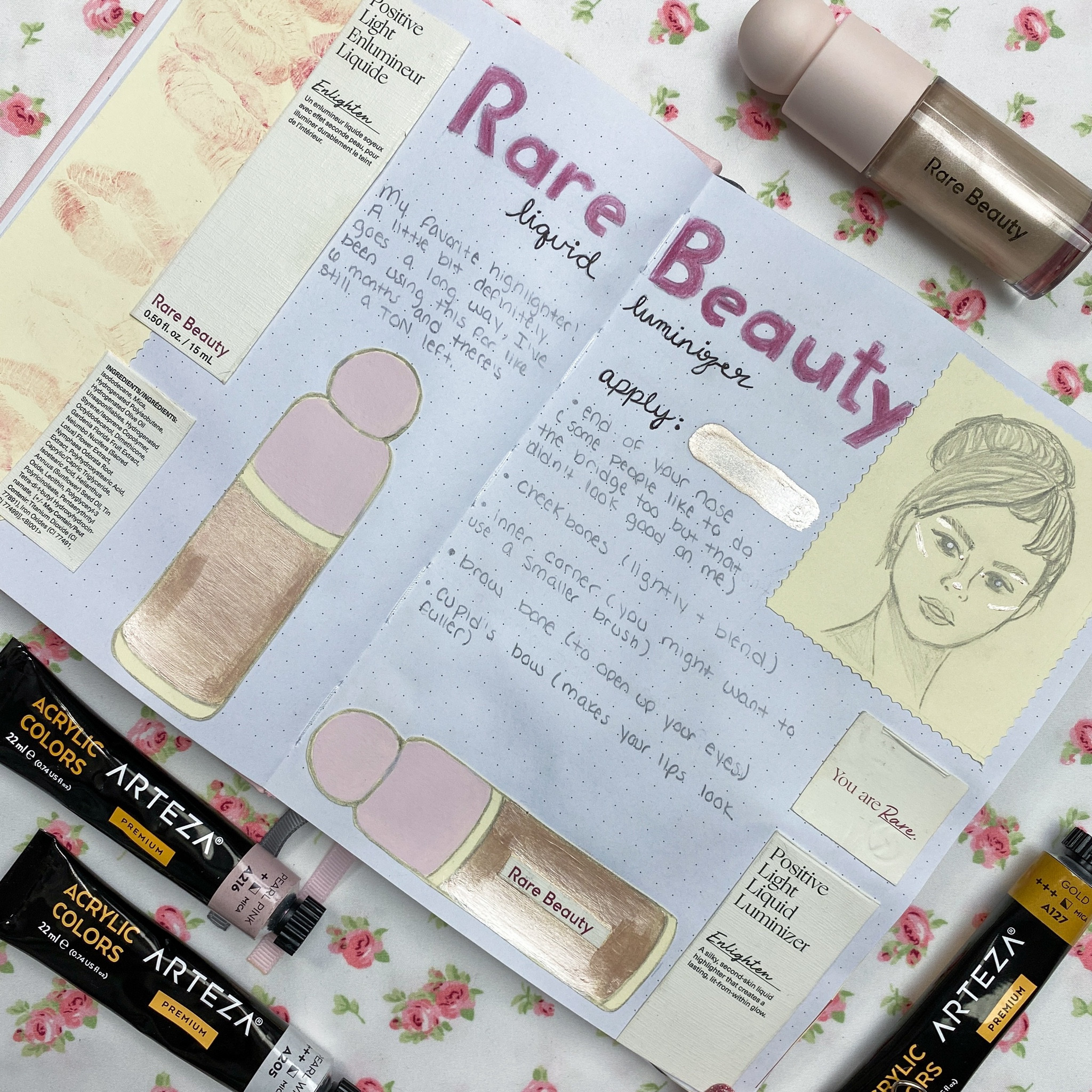 Page 1 in my “makeup junk journal” - inspired by the Rare Beauty Positive Light Liquid Luminizer in the shade Enlighten! My favorite highlighter - I’ve always been a fan of Selena Gomez! I swatched the highlighter on the page, and used some metallic paint as well. 

#LTKstyletip #LTKbeauty #LTKfindsunder50