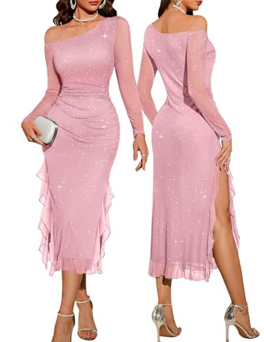 DRESSTELLS Women’s Cocktail Dress, Long Sleeve Formal Wedding Guest Sequin Sparkly Winter Holiday Party Prom Maxi Gala Evening Gown Blush M | Amazon (US)