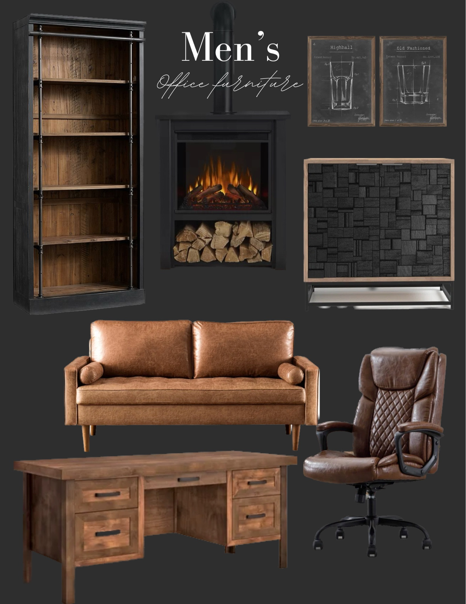 Men’s office space. Office furniture.
Black and wooden office furniture for men. 
Wooden book case
Electric fire place 
Whiskey cart
Brown leather office couch 
Leather office chair 
Wooden oak office desk 

#mensoffice #wooden #woodenfurniture #leather #bookcase #officechair #barcart #brownleatherfurniture #officefurniture #moody #officedesk #officefinds #leatherfurniture #homeoffice 

#LTKSeasonal #LTKhome #LTKmens