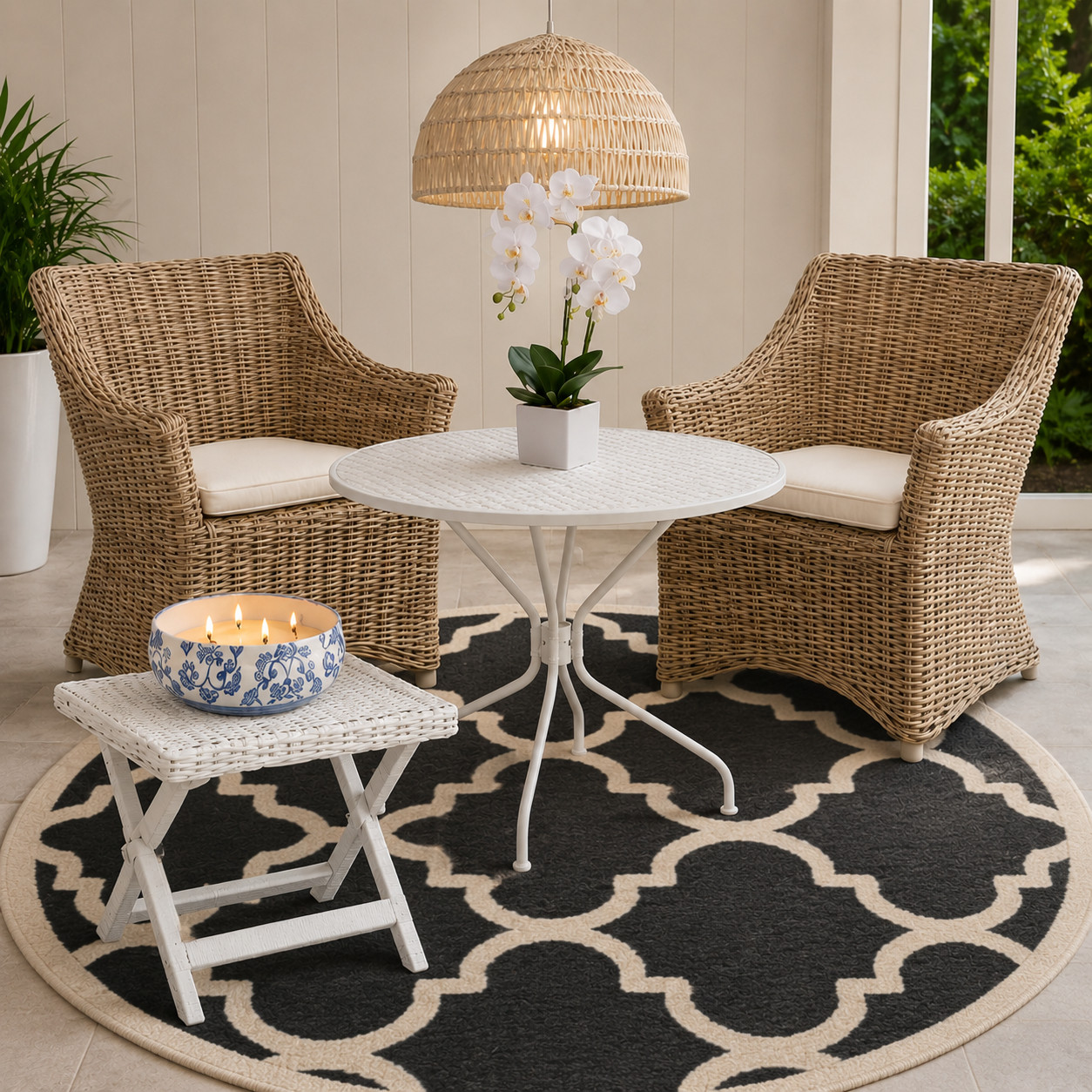 Amazon patio finds! Create a cozy sunroom with woven textures. Affordable outdoor furniture pieces and accents. Round area rug, citronella candle, white bistro table, wicker wood dining chairs, artificial orchid, woven rattan pendant. #amazonhome #patio #outdoor #sunroomstyle #diningchairs #seating #amazonfinds  

 #LTKSeasonal #LTKHome #LTKSaleAlert