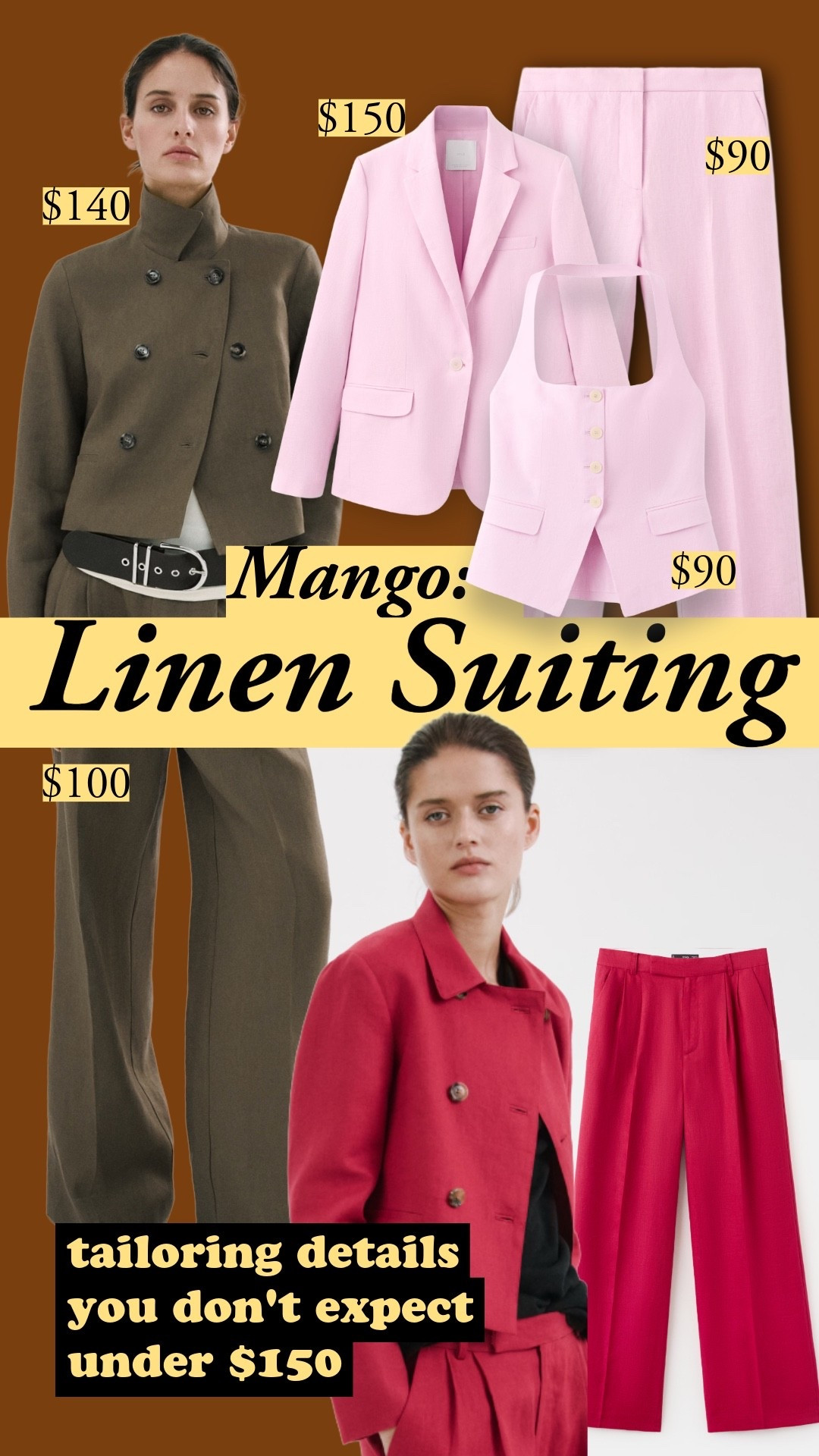 Mango's 100% linen suiting has tailoring details you don't expect at this price – welted buttonholes, concealed waistband closures, no topstitching. The collar on the olive and red jackets pins up as a funnel neck | Mango linen suit, linen blazer, linen pants, 100% linen suiting, pink linen suit, summer suiting, linen workwear, wide leg linen pants, funnel neck jacket, colorful suiting

#LTKootd